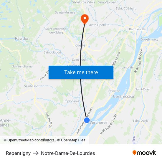 Repentigny to Notre-Dame-De-Lourdes map