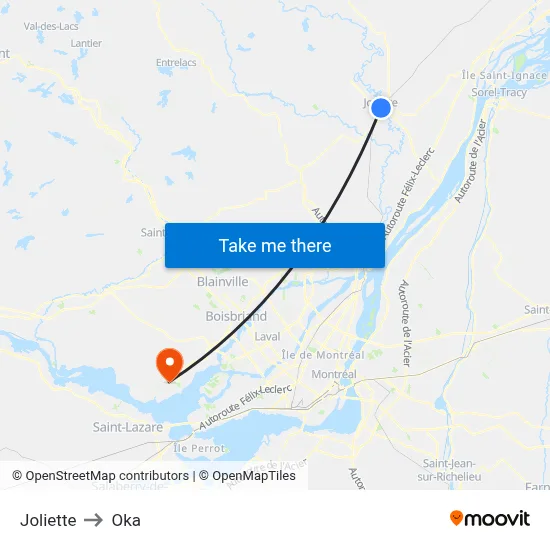 Joliette to Oka map