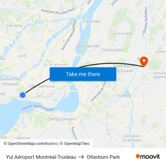 Yul Aéroport Montréal-Trudeau to Otterburn Park map