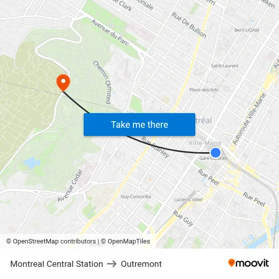 Montreal Central Station to Outremont map