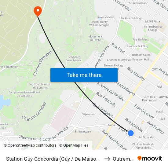 Station Guy-Concordia (Guy / De Maisonneuve) to Outremont map