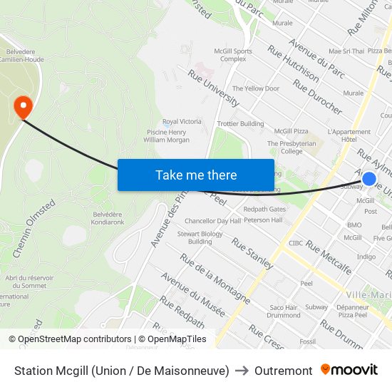 Station Mcgill (Union / De Maisonneuve) to Outremont map