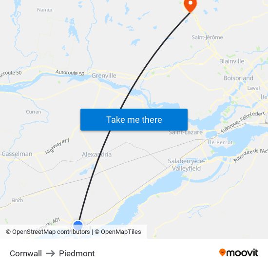 Cornwall to Piedmont map