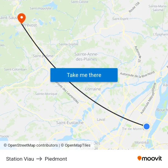 Station Viau to Piedmont map