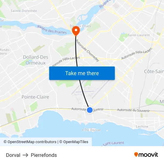Dorval to Pierrefonds map