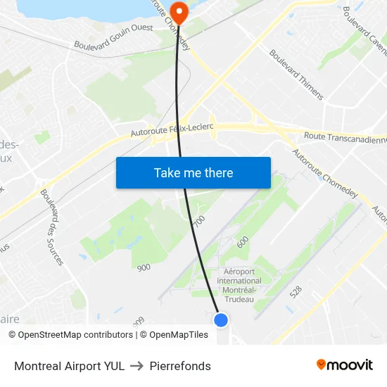 Montreal Airport YUL to Pierrefonds map