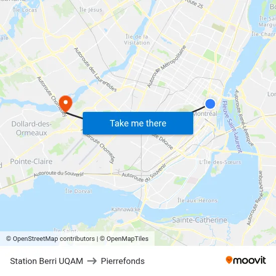 Station Berri UQAM to Pierrefonds map