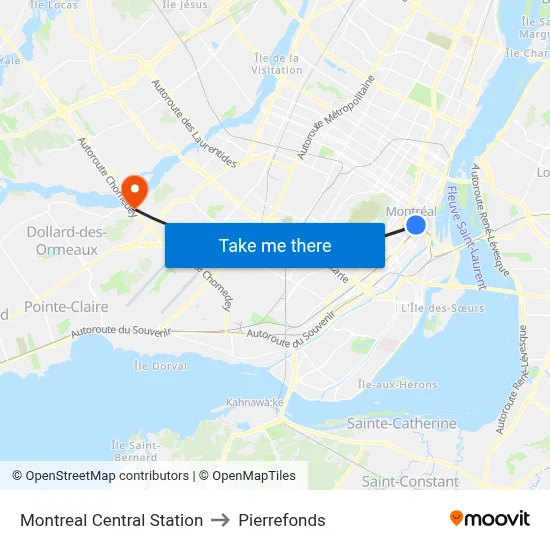 Montreal Central Station to Pierrefonds map