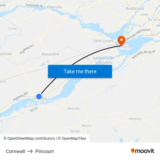 Cornwall to Pincourt map