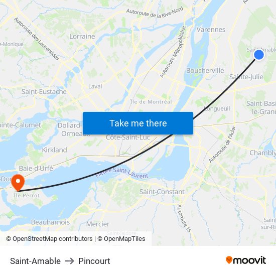 Saint-Amable to Pincourt map