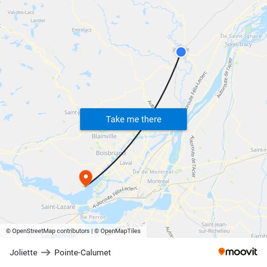 Joliette to Pointe-Calumet map