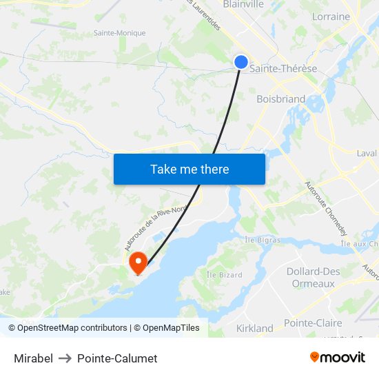 Mirabel to Pointe-Calumet map