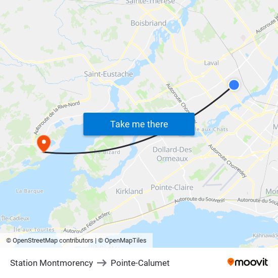 Station Montmorency to Pointe-Calumet map