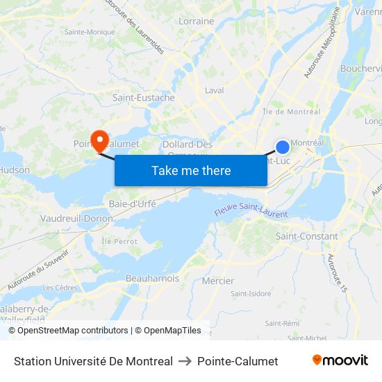 Station Université De Montreal to Pointe-Calumet map