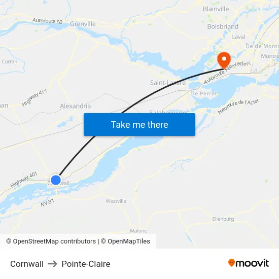 Cornwall to Pointe-Claire map
