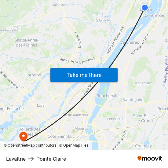 Lavaltrie to Pointe-Claire map