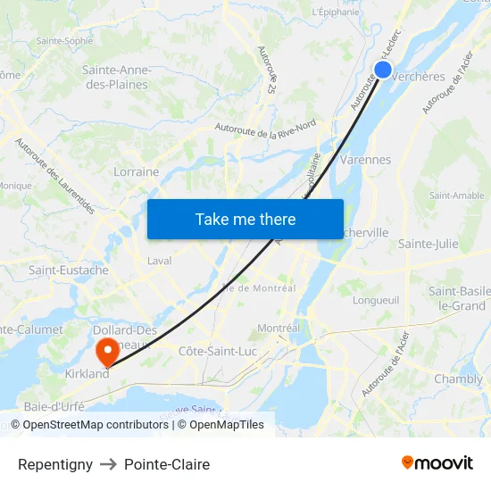 Repentigny to Pointe-Claire map