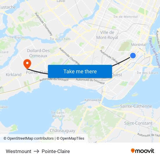 Westmount to Pointe-Claire map