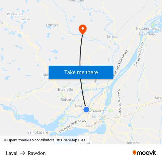 Laval to Rawdon map