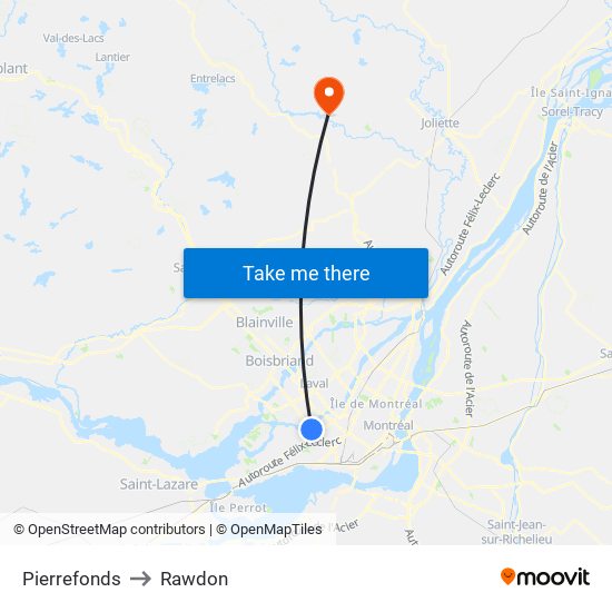 Pierrefonds to Rawdon map