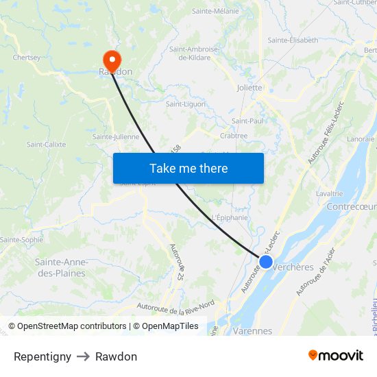 Repentigny to Rawdon map