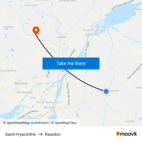 Saint-Hyacinthe to Rawdon map