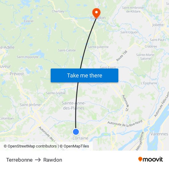 Terrebonne to Rawdon map