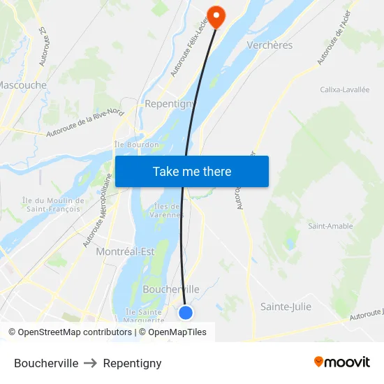 Boucherville to Repentigny map