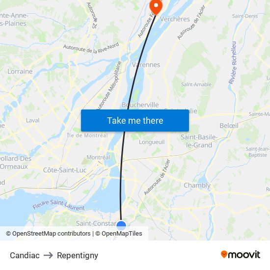 Candiac to Repentigny map