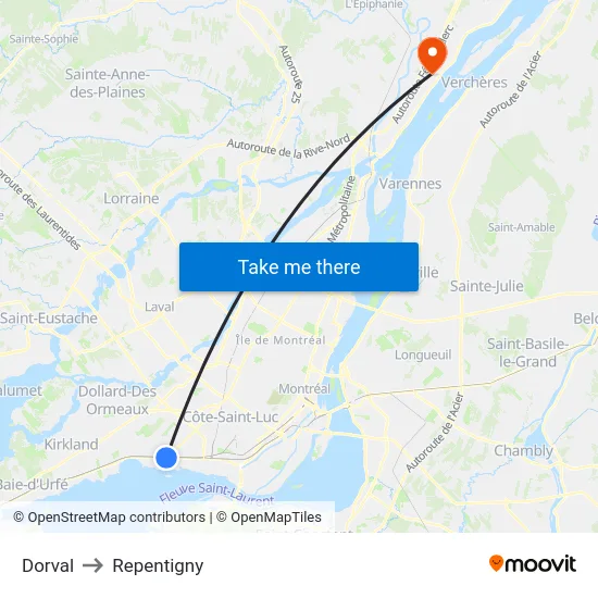 Dorval to Repentigny map