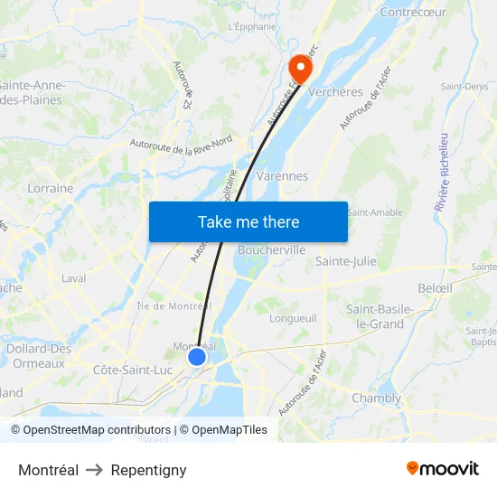 Montréal to Repentigny map