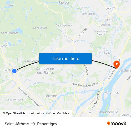 Saint-Jérôme to Repentigny map