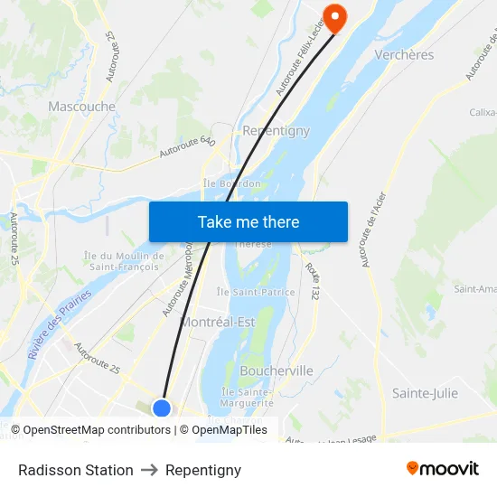 Radisson Station to Repentigny map