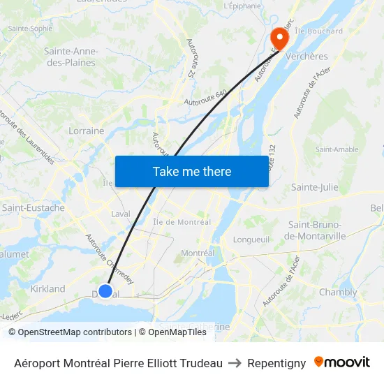 Aéroport Montréal Pierre Elliott Trudeau to Repentigny map