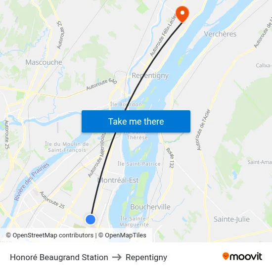 Honoré Beaugrand Station to Repentigny map