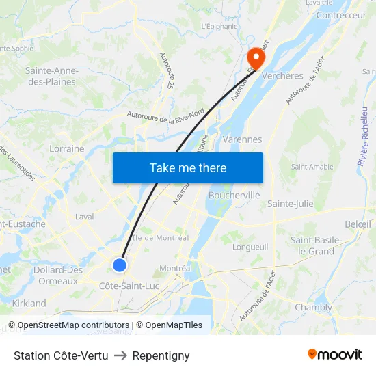 Station Côte-Vertu to Repentigny map