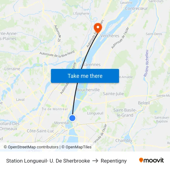 Station Longueuil- U. De Sherbrooke to Repentigny map