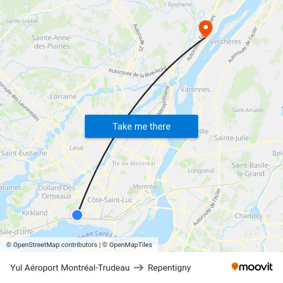 Yul Aéroport Montréal-Trudeau to Repentigny map