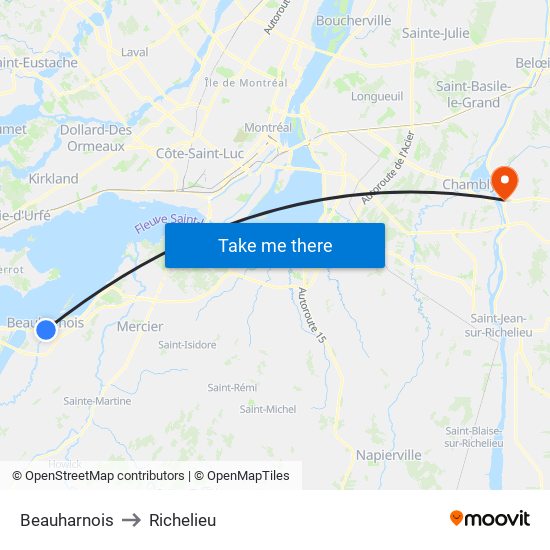 Beauharnois to Richelieu map