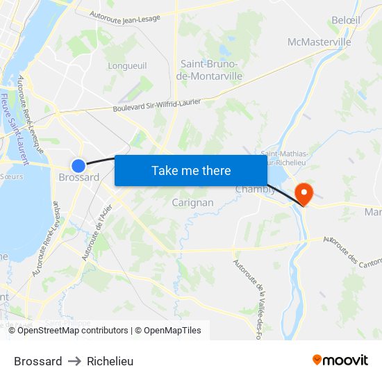 Brossard to Richelieu map