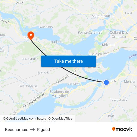 Beauharnois to Rigaud map