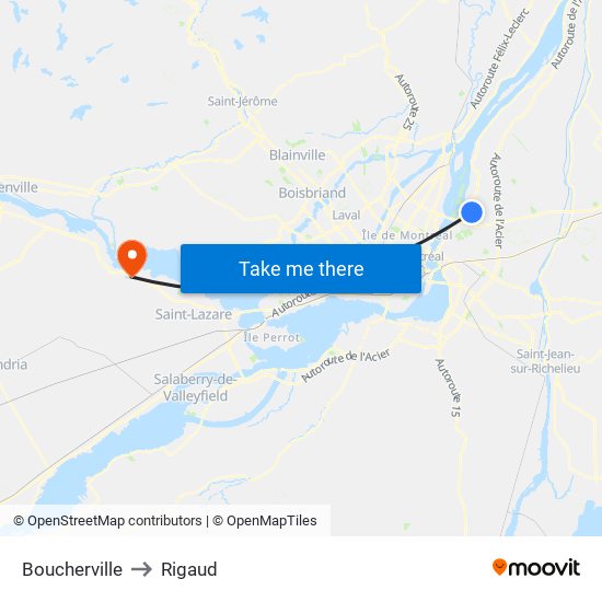 Boucherville to Rigaud map