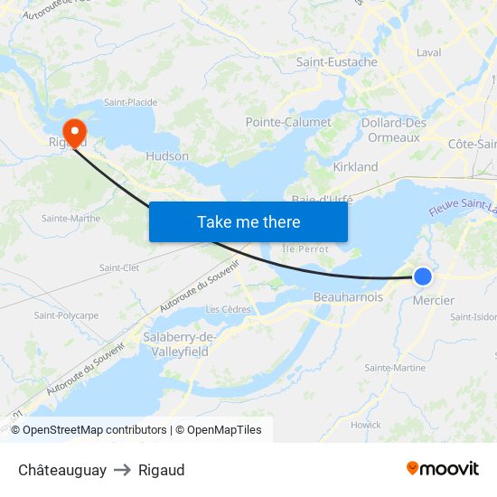 Châteauguay to Rigaud map