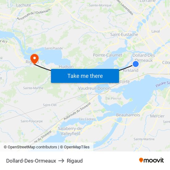 Dollard-Des-Ormeaux to Rigaud map