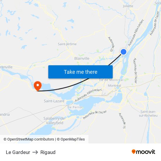 Le Gardeur to Rigaud map