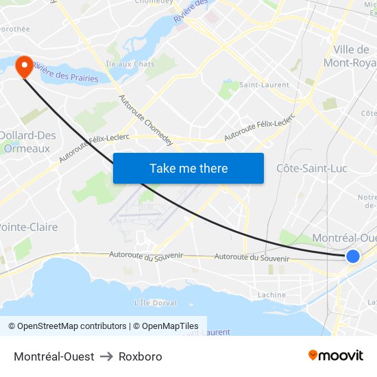 Montréal-Ouest to Roxboro map