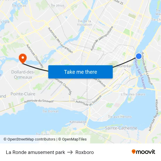 La Ronde amusement park to Roxboro map