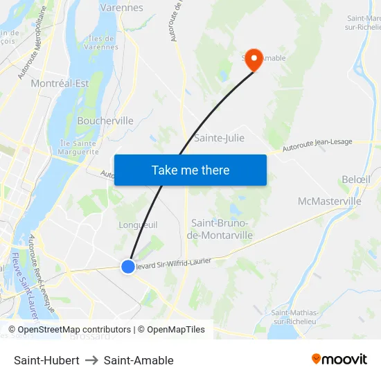 Saint-Hubert to Saint-Amable map