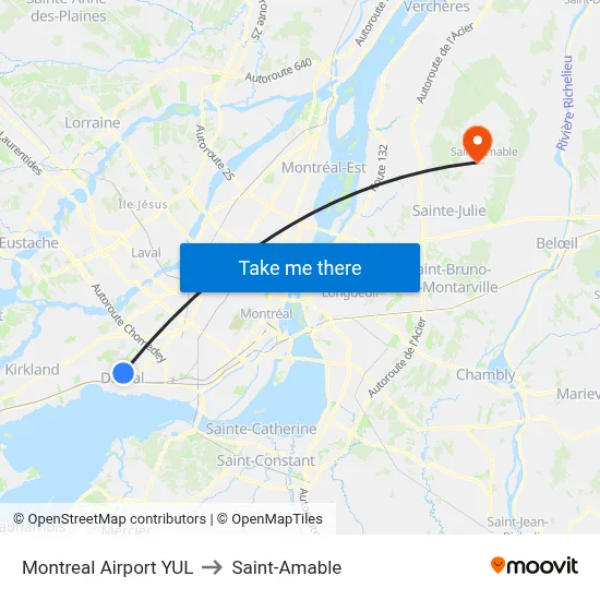 Montreal Airport YUL to Saint-Amable map