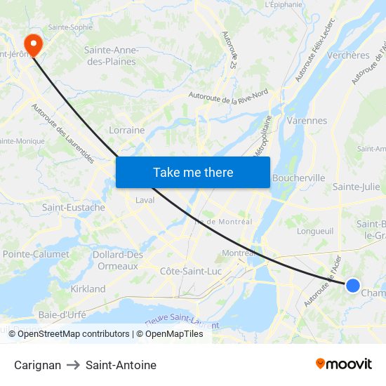 Carignan to Saint-Antoine map